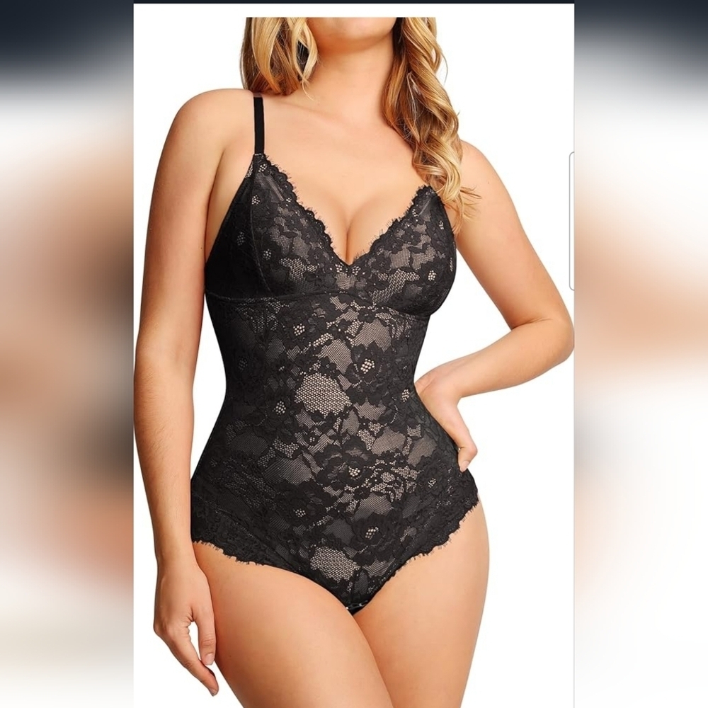 Popilush Black Lace V Neck Shapewear Tummy Control Bodysuit Size 3XL